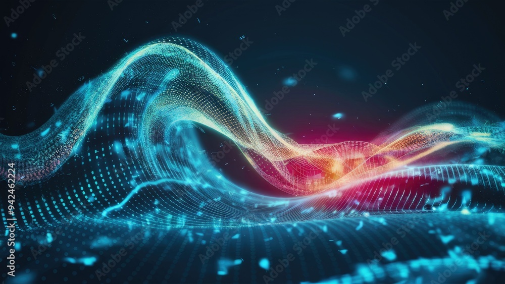 Poster abstract futuristic wave with dynamic dots and flowing colored particles. cyber technology illustrat