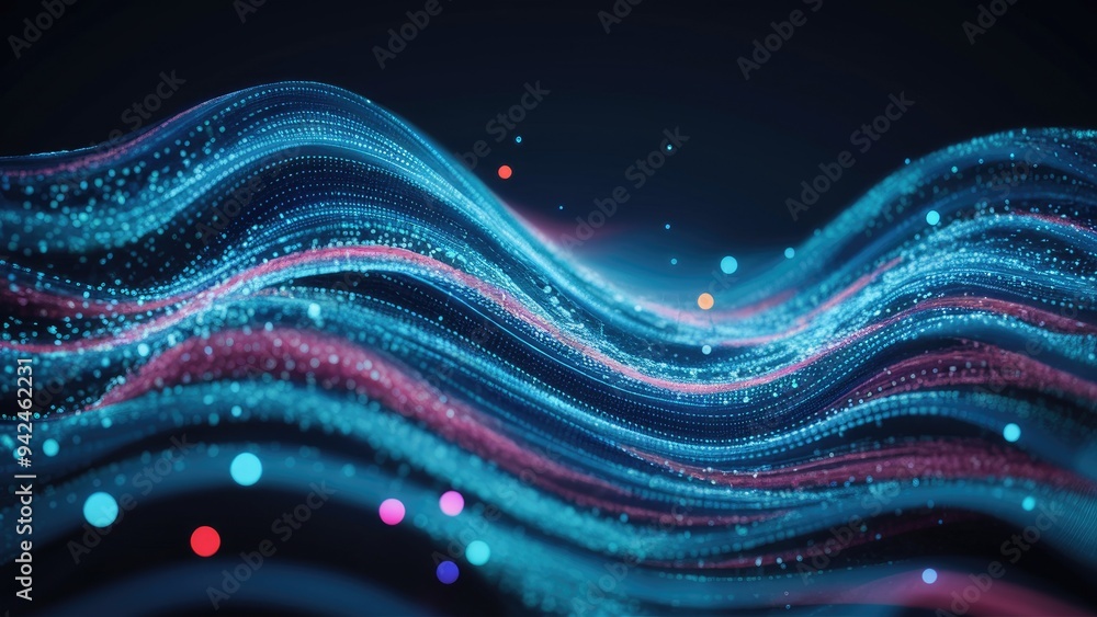 Poster abstract futuristic wave with dynamic dots and flowing colored particles. cyber technology illustrat