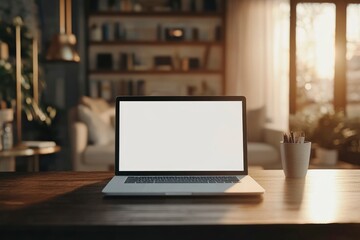 Workspace with white screen laptop mockup and copy space on table with blurred living room background with generative ai