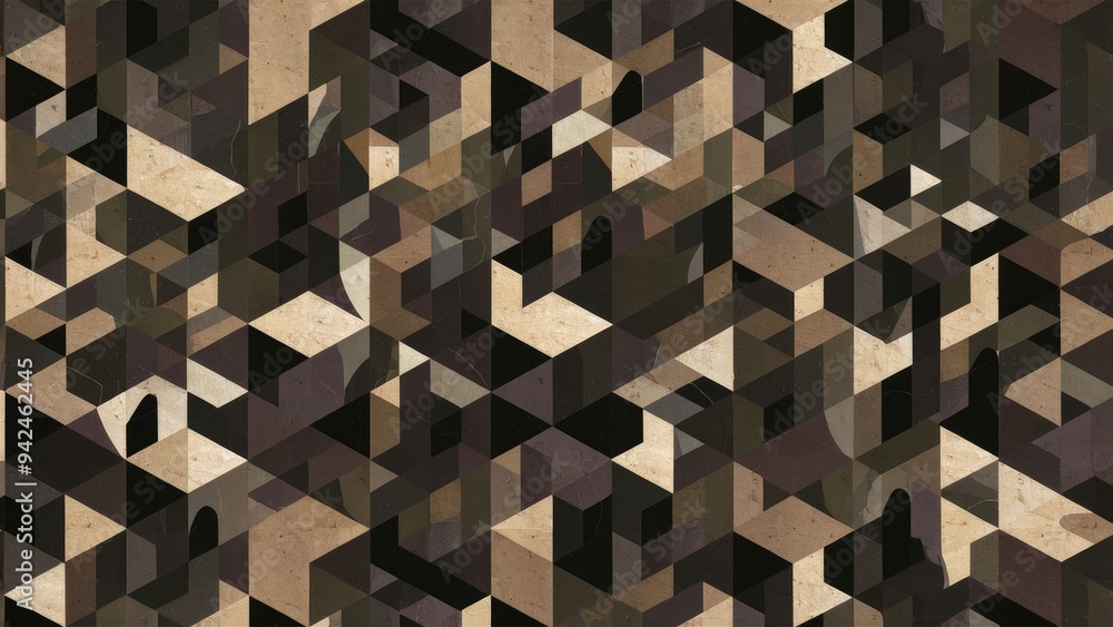 Poster abstract geometric cubes and hexagon mosaic wallpaper with a vintage design featuring black and gray
