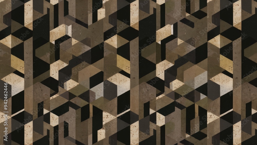 Poster abstract geometric cubes and hexagon mosaic wallpaper with a vintage design featuring black and gray