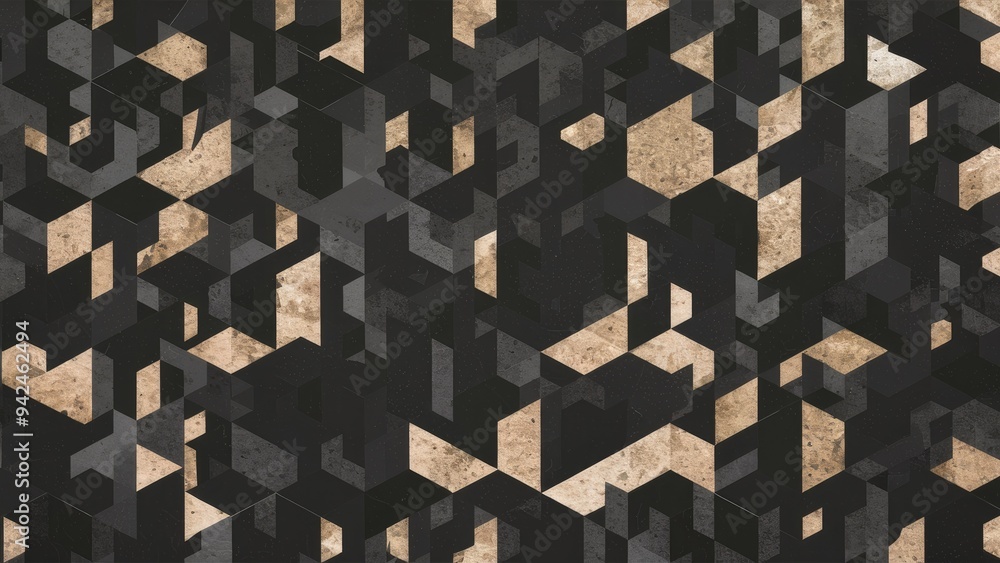 Poster abstract geometric cubes and hexagon mosaic wallpaper with a vintage design featuring black and gray