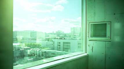 A vintage toned window view of a cityscape with a television mounted on the wall.