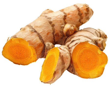 Fresh turmeric root with vibrant orange flesh, commonly used in cooking and health remedies.
