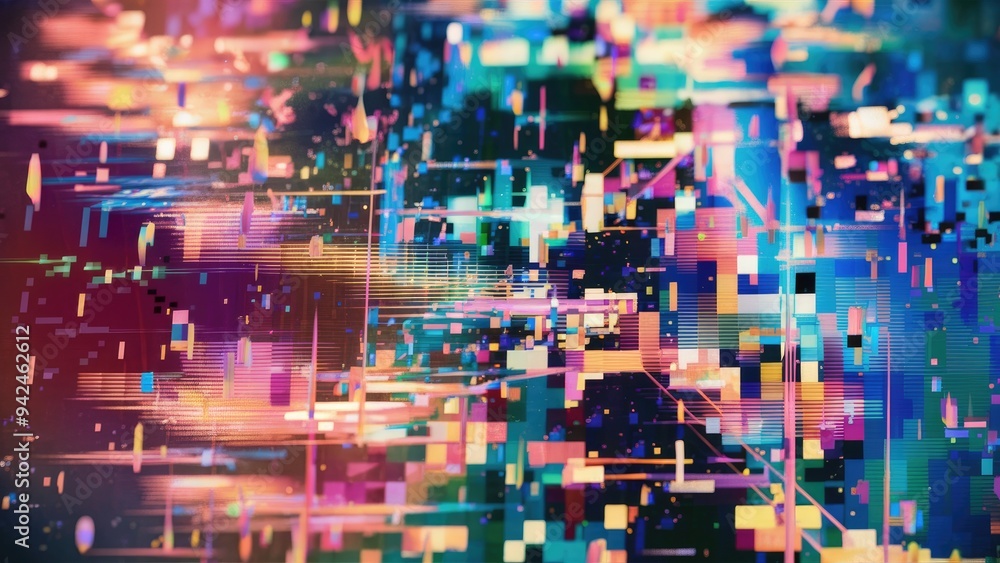 Poster abstract glitch effect with pixelated texture and digital artifacts.