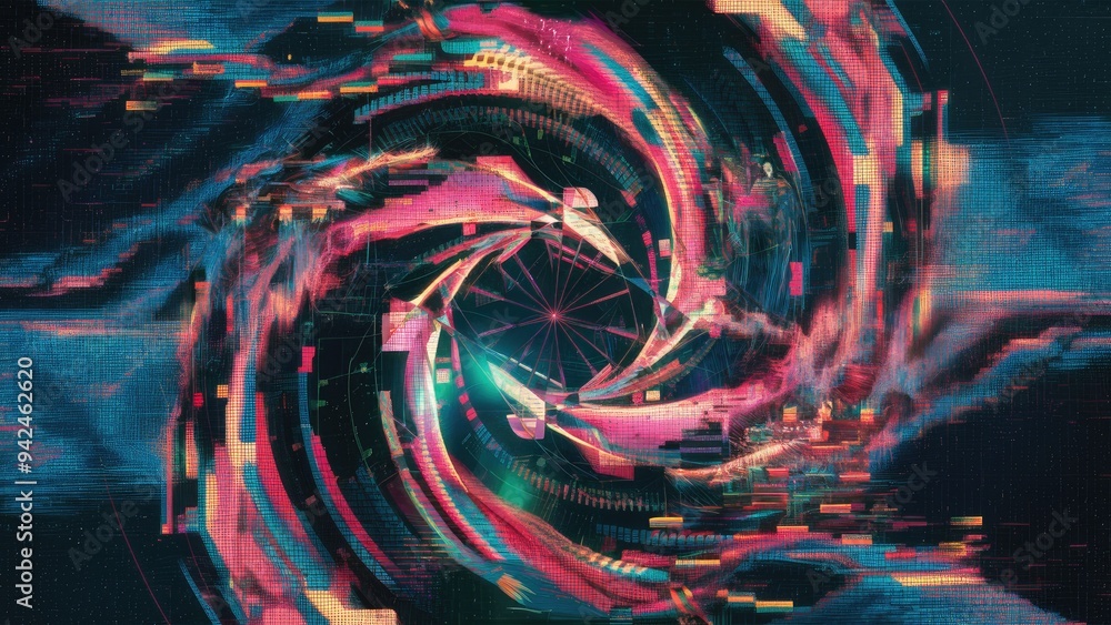 Poster abstract glitch effect with pixelated texture and digital artifacts.