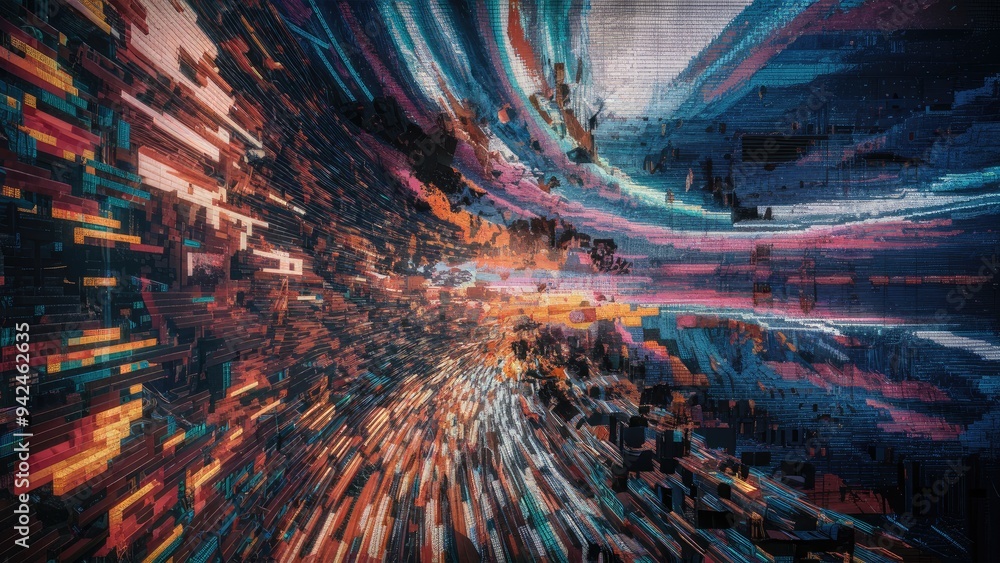 Poster abstract glitch effect with pixelated texture and digital artifacts.