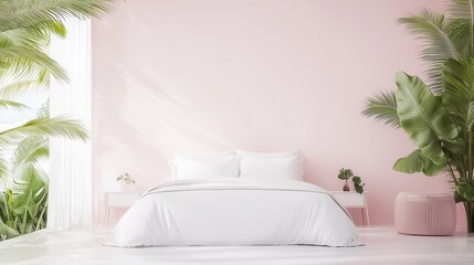 Minimalist Bedroom Interior with Pink Wall and White Bedding