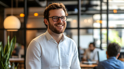 Fototapeta premium minimalist male portrait, handsome man wearing glasses smiling gently