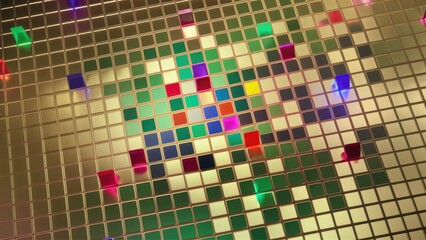 Fototapeta premium Abstract gold mosaic background featuring multicolored LED squares. Digital technology-inspired pixel grid in vibrant hues. Bright 3D-rendered square pattern.