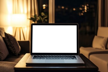 Workspace with white screen laptop mockup and copy space on table with blurred living room background with generative ai