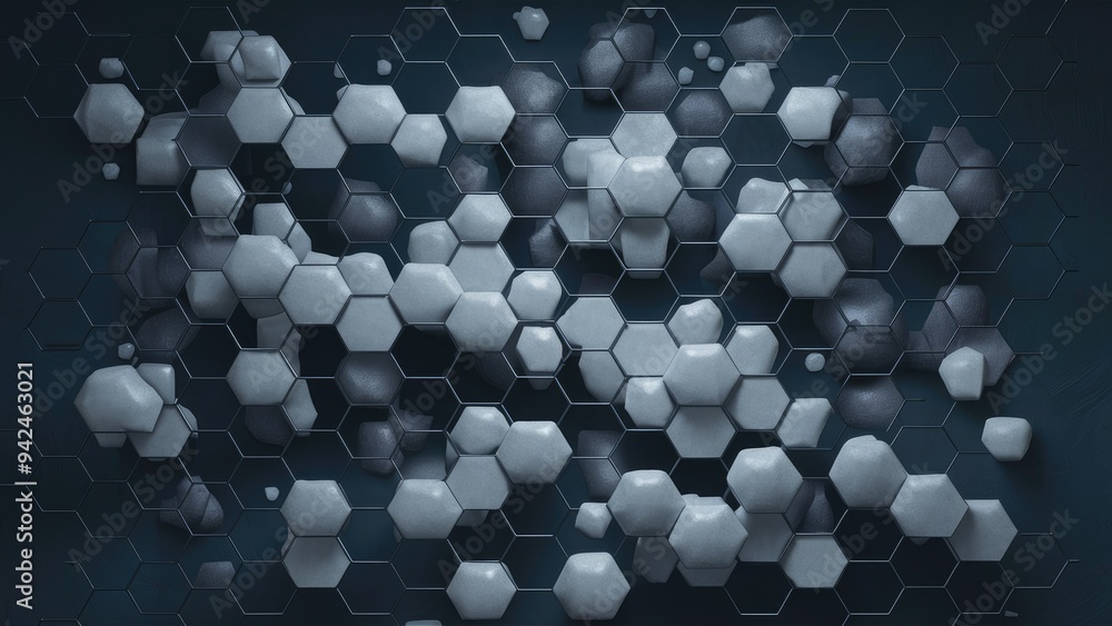 Poster abstract grey cells pattern with black hexagon grid texture on a dark background.