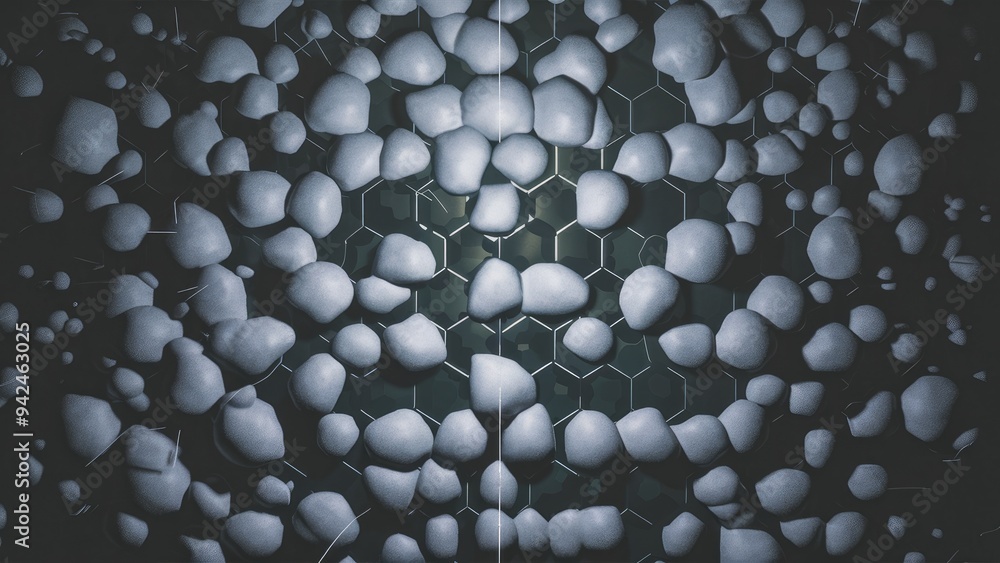 Poster abstract grey cells pattern with black hexagon grid texture on a dark background.