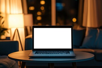 Workspace with white screen laptop mockup and copy space on table with blurred living room background with generative ai