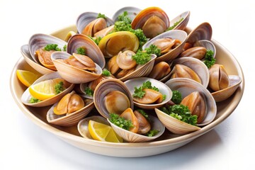 A bowl of delicious steamed clams, garnished with fresh lemon wedges and parsley. The clams are cooked to perfection, with their shells slightly open to reveal the tender meat. This image evokes a sen