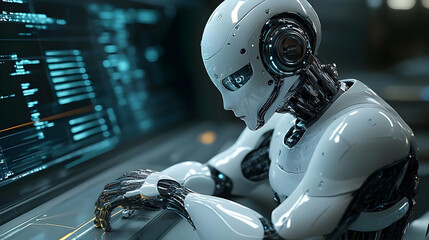 Fototapeta premium A white robot is working on a computer with a blue screen in the background.