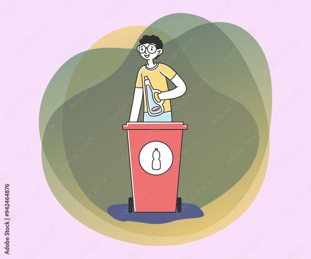 Aufkleber young man sorting trash and rubbish flat vector illustration. responsible man standing near dustbin 