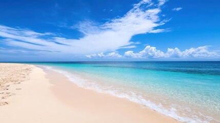 Obraz premium A calm, pristine beach with golden sand and turquoise water, free of trash, where people enjoy the sun and surf responsibly