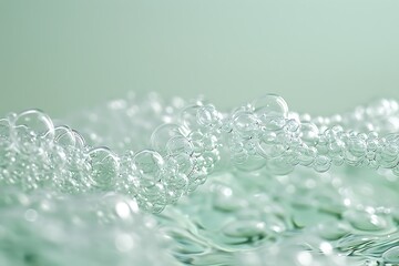 A closeup of delicate green bubbles forming an abstract shape on the surface, set against a soft mint background. The bubbles create intricate patterns and shapes that symbolize growth or movement in 