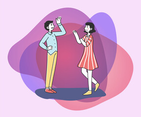Young couple arguing and gesturing flat vector illustration. Man and woman discussing problems. Relationship and communication problem concept