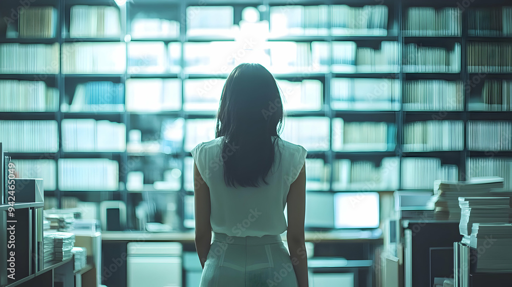 Aufkleber a woman stands in front of a large bookshelf, looking towards a window with light streaming in.