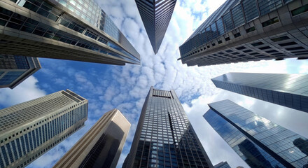 A view from below of skyscrapers towering against a clear sky
