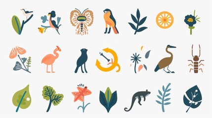 Collection of colorful nature themed illustrations, perfect for kids' design.