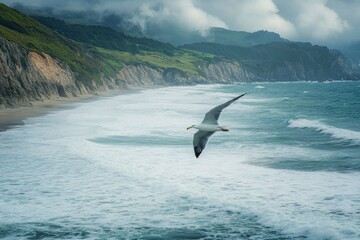Naklejka premium Flying over the waves of the sea at Otur beach. Asturias. Spain , ai