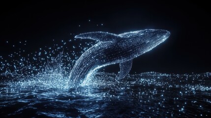 Glowing Whale Jumping Out of the Water at Night