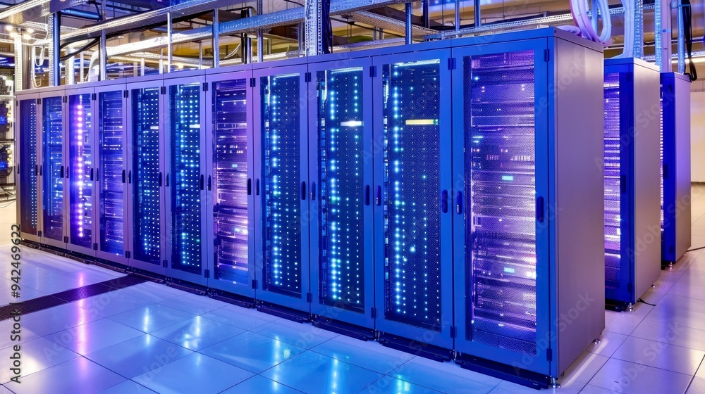 Poster row of server racks in a data center with blue lights