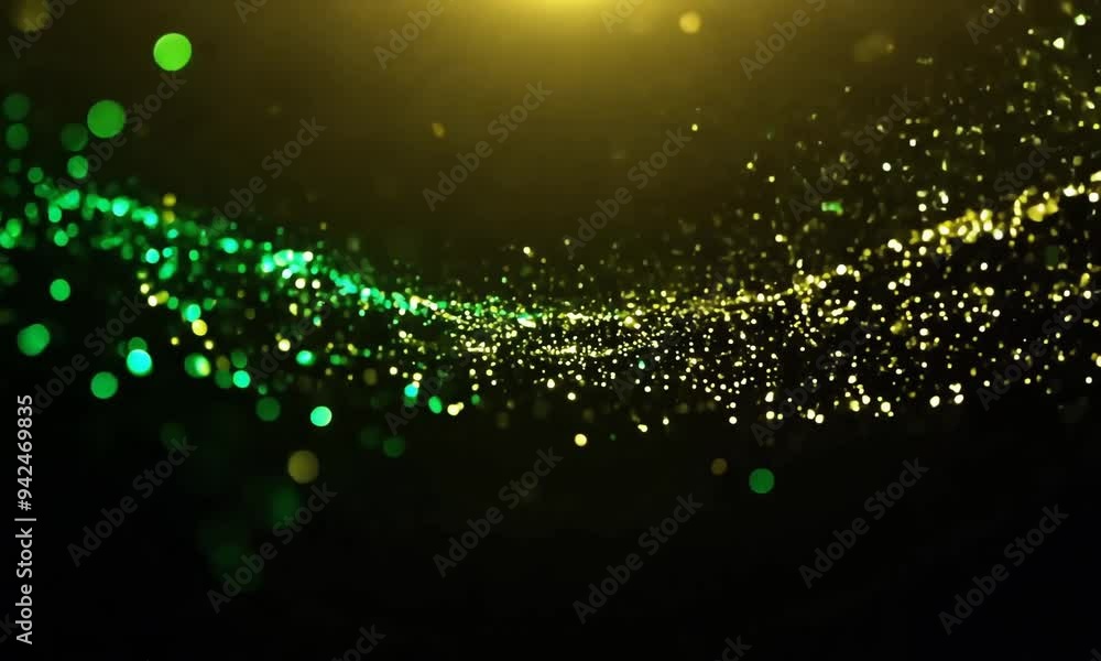 Poster a mesmerizing display of sparkling green and golden particles floating in the air, creating a magica