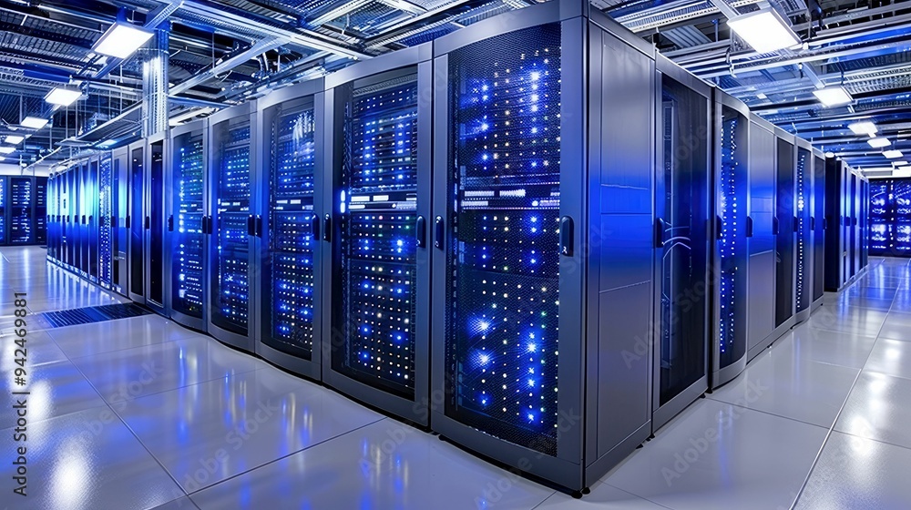 Poster server room with rows of data storage cabinets