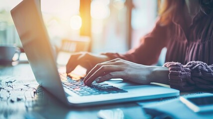 Close up woman hands typing laptop keyboard.