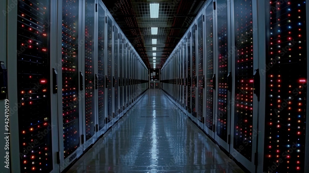 Poster rows of server racks with colorful indicator lights in a data center