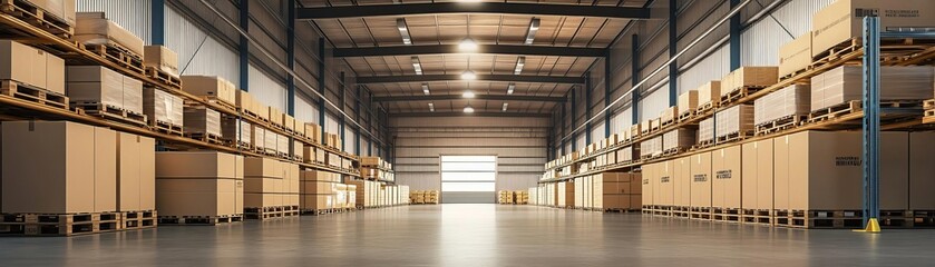 Large warehouse with rows of stacked cardboard boxes.