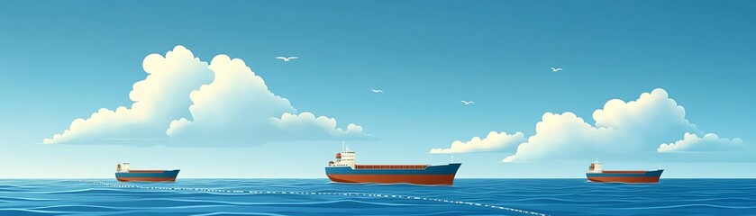 A red cargo ship sails on a calm blue ocean with a road leading to the horizon.