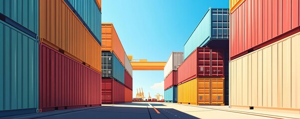 Rows of colorful shipping containers in a port.