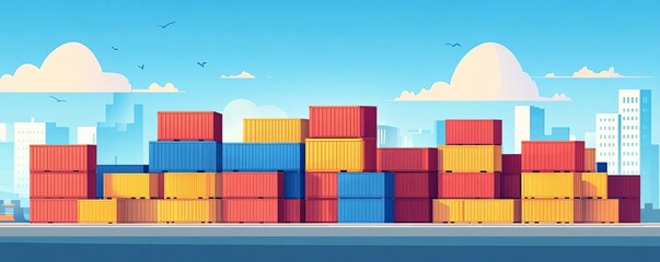 Stack of colorful cargo containers in a port city.
