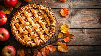 Apple pie decorated with lattice overhead shot, fall baking concept