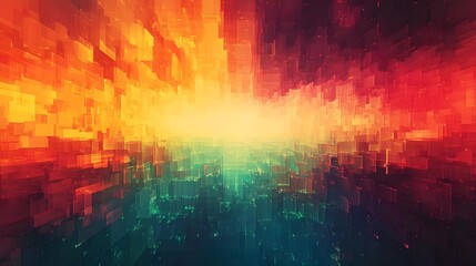 Abstract Digital Cityscape with Red, Orange, and Green Hues