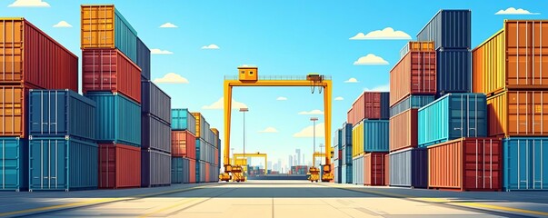 Stacks of colorful shipping containers at a port.