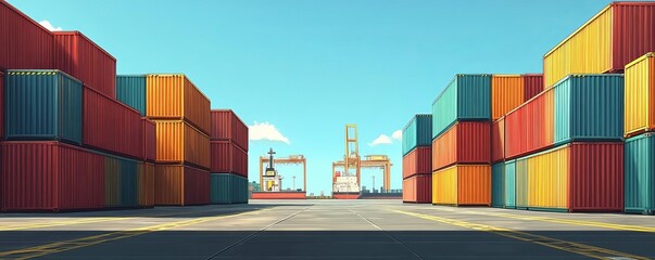Rows of colorful shipping containers at a port.