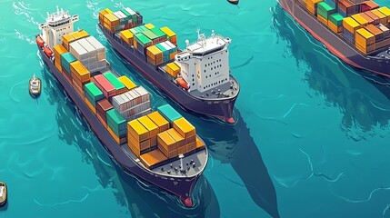 Aerial view of cargo ships transporting containers at sea.