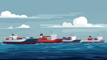 Aerial view of cargo ships transporting containers at sea.