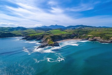 Obraz premium Flying over the waves of the sea at Otur beach. Asturias. Spain , ai
