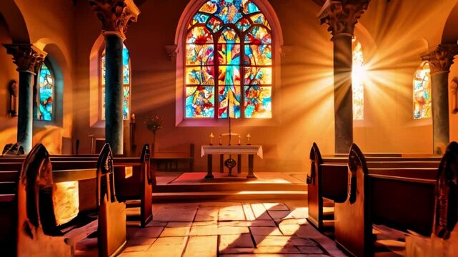 Interior of church with benches and sunlight coming from the window with antique work on the glasses Generative AI