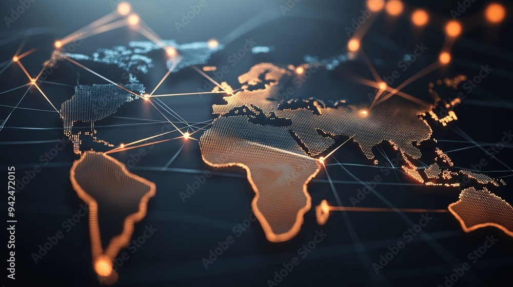 Poster global network: a metallic world map with glowing nodes and connections, representing international 