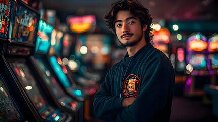 Obraz premium A young man with long hair and a beard stands in front of a row of slot machines.