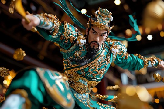 A dynamic figure of a warrior in ornate attire, showcasing vibrant colors and intricate details, capturing traditional artistry and culture.