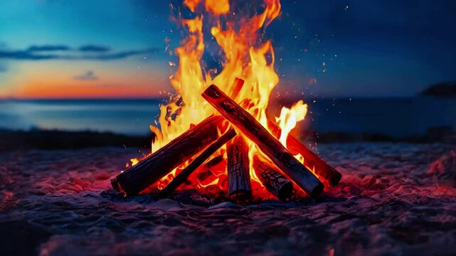 Campfire on the beach, bonfire woods burning in fire with flames on the seashore at night with sky full of stars Generative AI